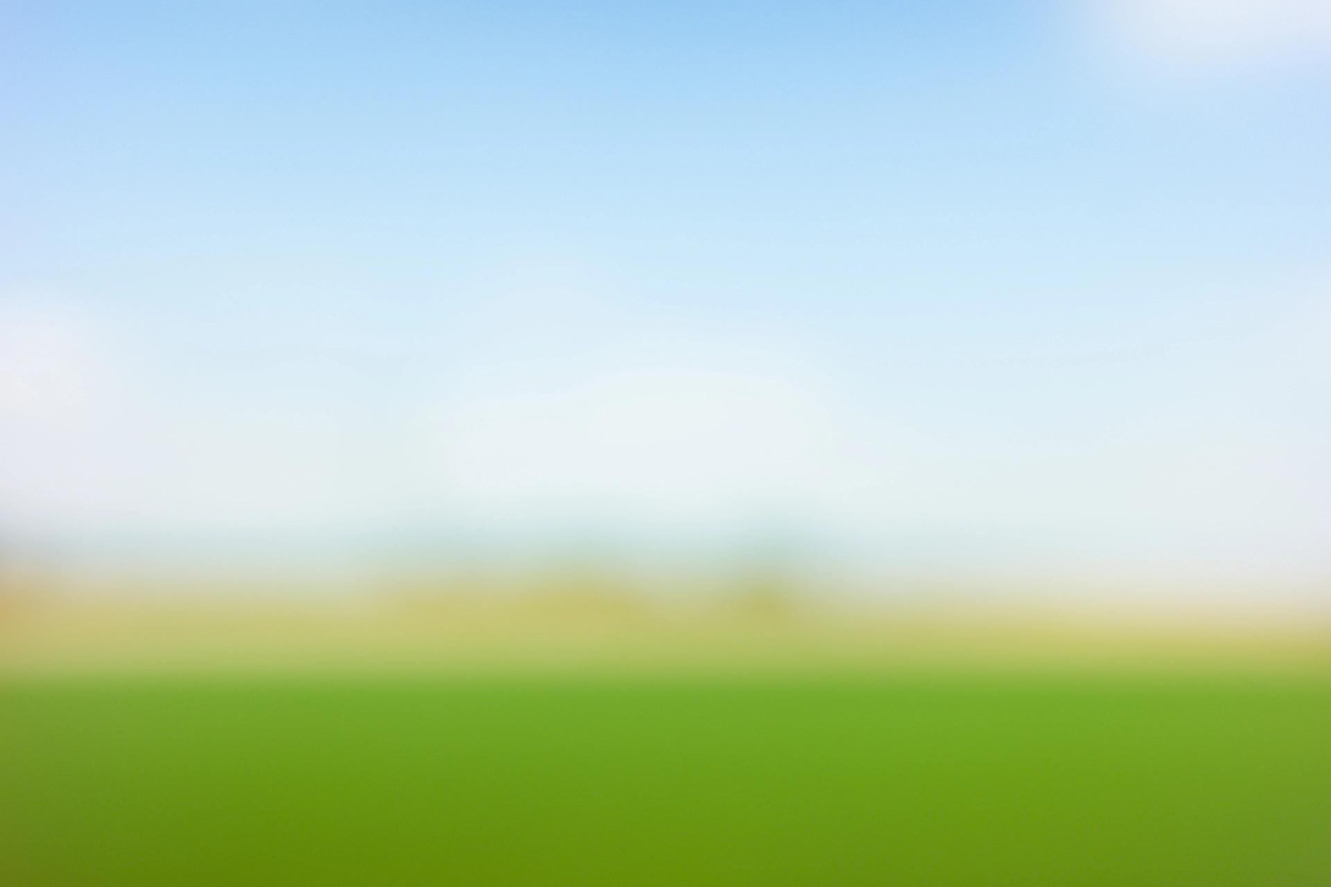 Abstract out-of-focus photo of a landscape. On the bottom is a green area and the top 2/3 are blue sky.